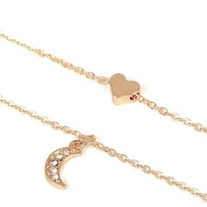 NEW Gold Plated Layered Necklace with Heart and Moon Pendants,‎ 16-18”
